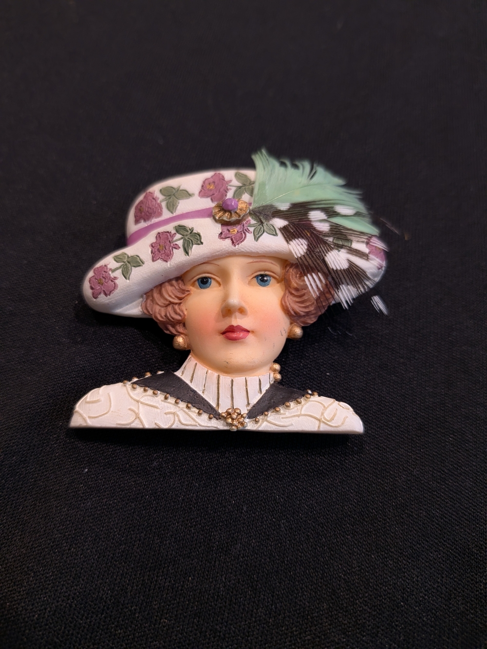 Porcelain Lady Brooch in White and Pink Hat with Feather Vintage 2007